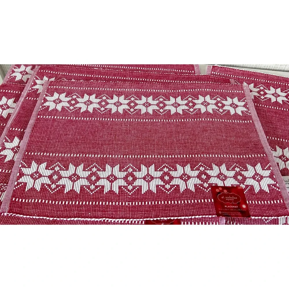 Christmas Placemats‎ Fair Isle Rib Woven Fabric Red & White Lot of 6 New! BxL